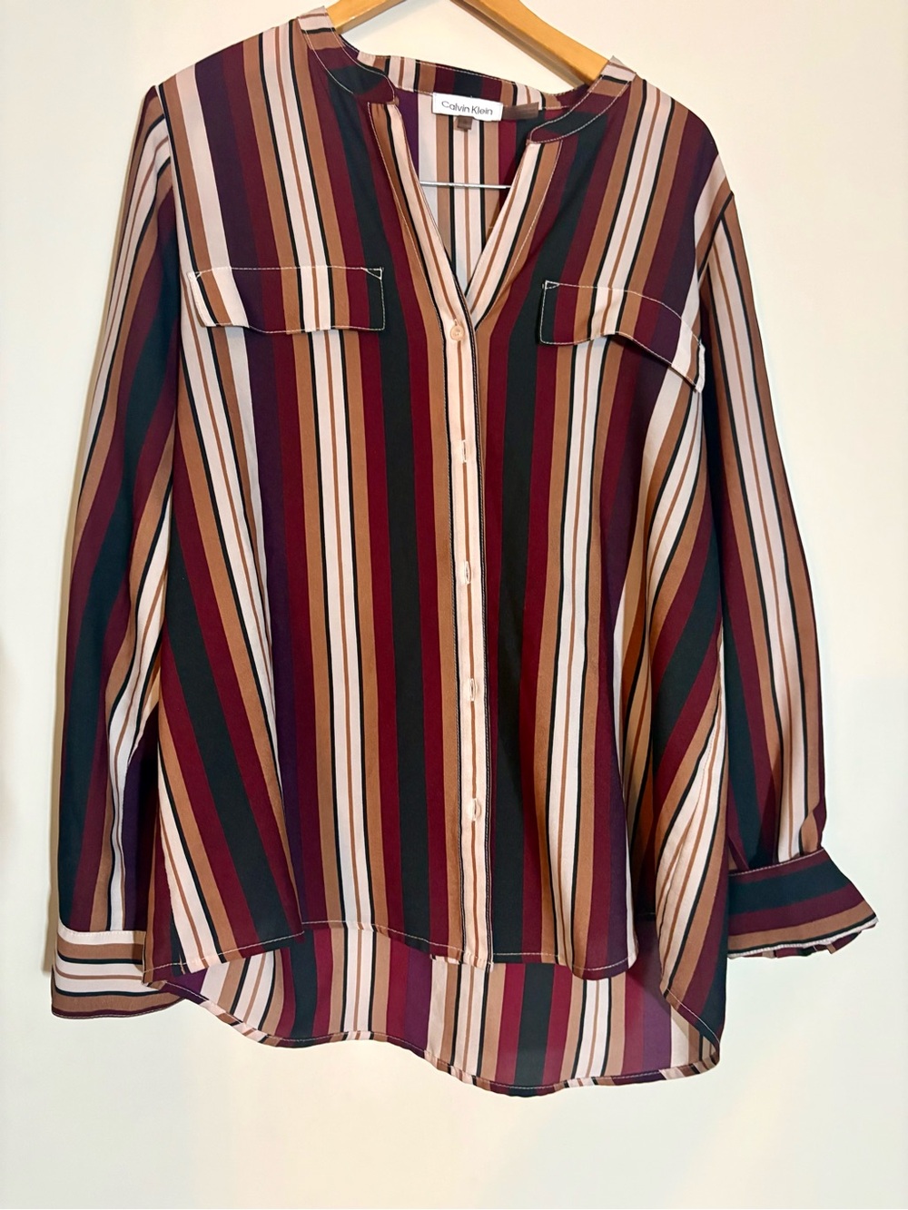 Calvin Klein Women’s Multicolor Striped Button-Front Blouse - Burgundy/Tan